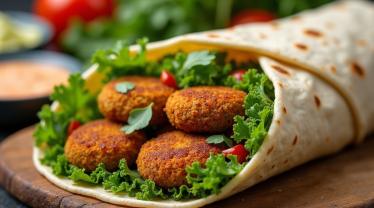 Een smakelijke falafelwrap met verse groenten en sauzen