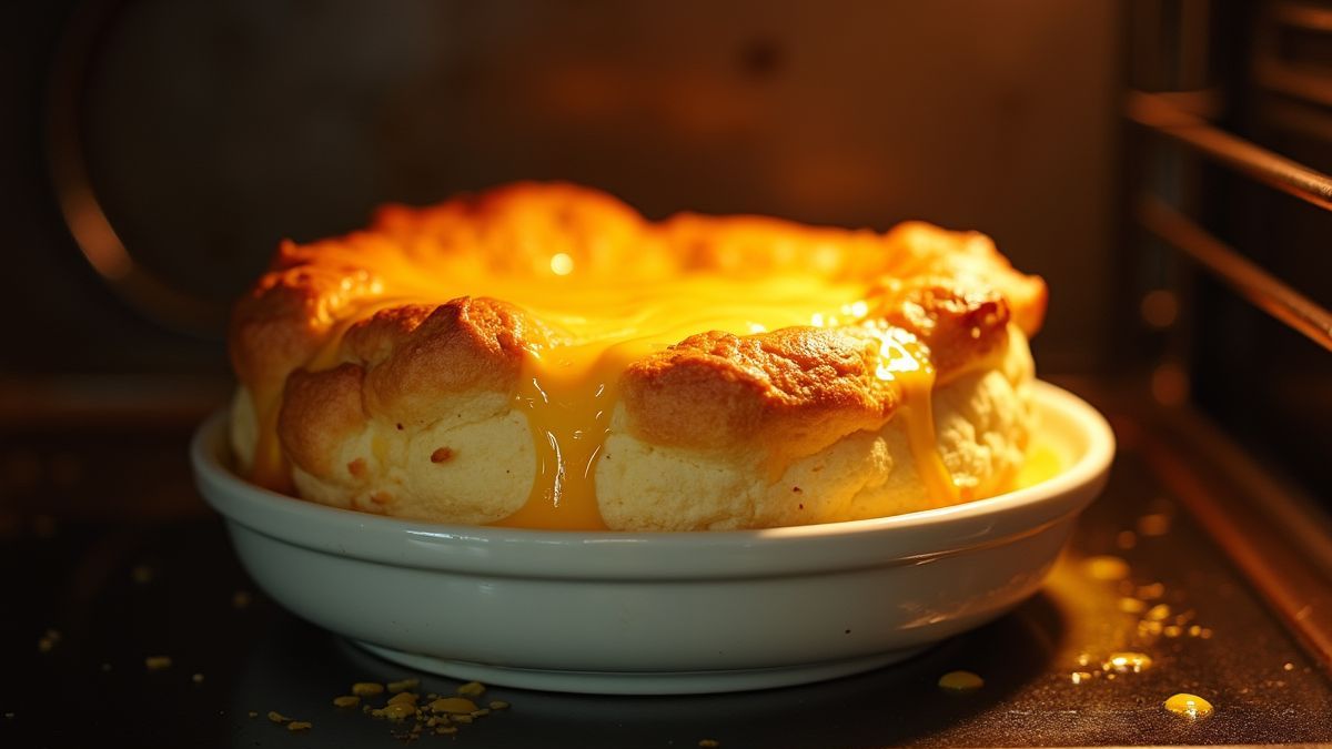 Een smeltende kaassoufflé die uit de oven komt