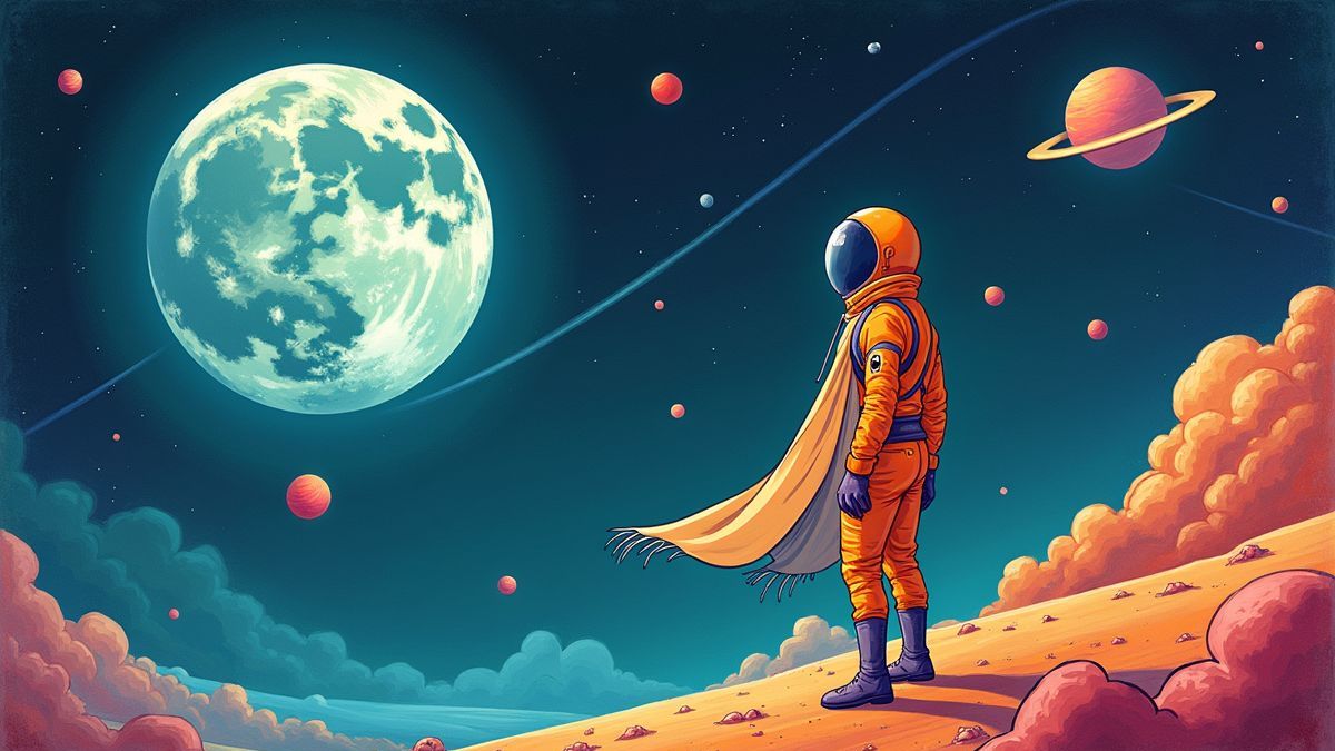 Een speelse illustratie van een persoon met een handdoek die de ruimte verkent