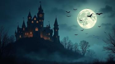 Een spookachtig kasteel onder de volle maan met vliegende vleermuizen.