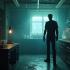 Een spooky laboratorium met een schaduw van Frankenstein's monster