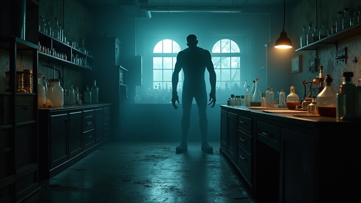 Een spooky laboratorium met een schaduw van Frankenstein's monster