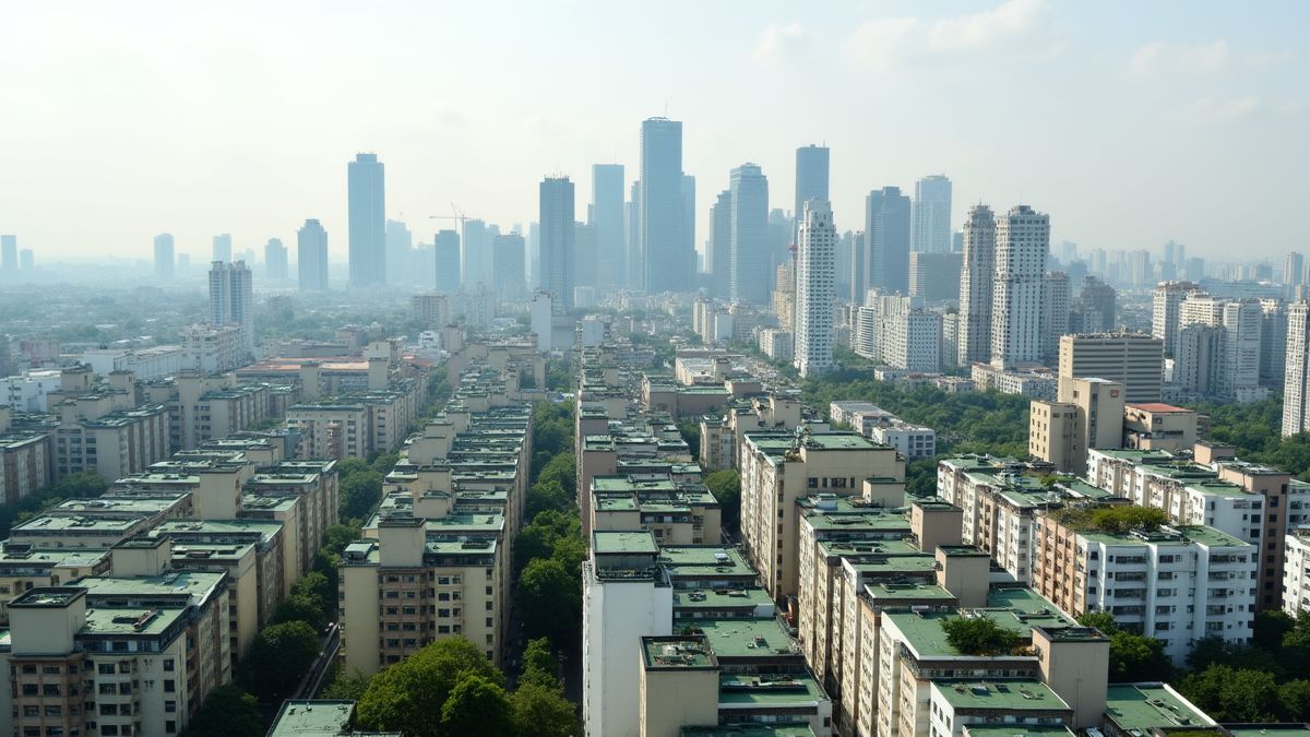 Een stadsgezicht met verschillende gebouwen met groene daken