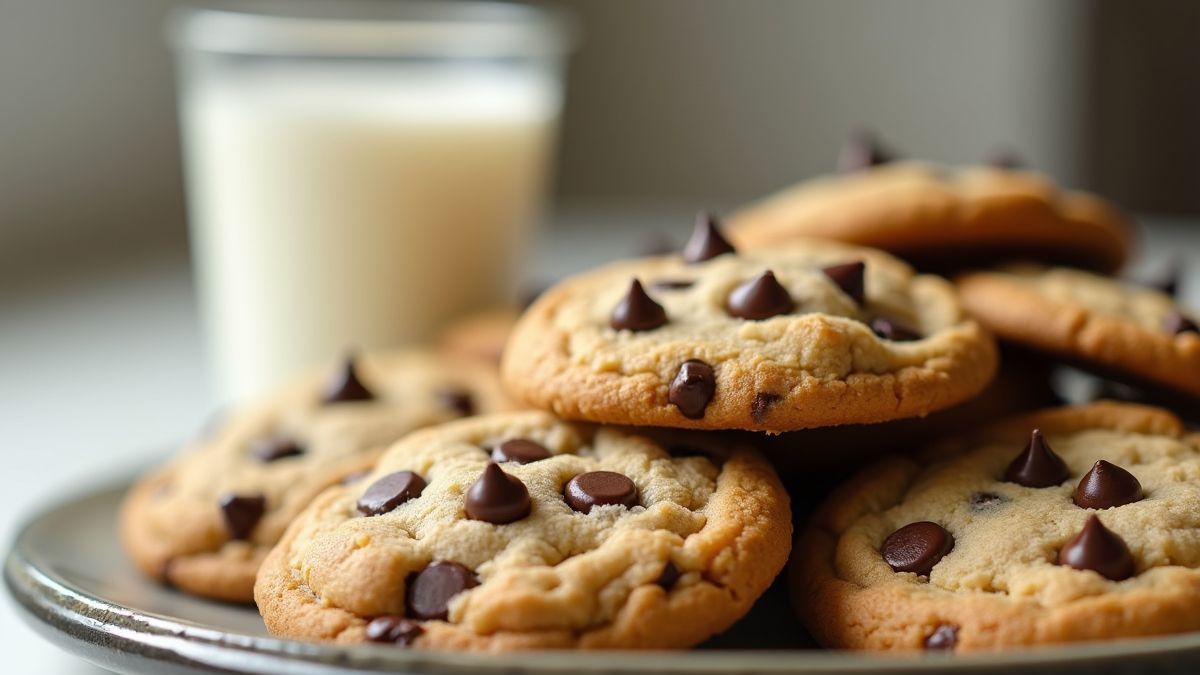 Een stapel verse chocoladechip koekjes naast een glas melk.