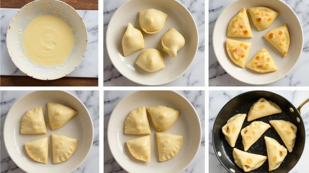 Een stapsgewijze visuele gids voor het maken van samosa's van deeg tot bakken.