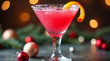 Een stijlvol glas gevuld met een roze Cosmopolitan-cocktail met een sinaasappelschil als garnering.