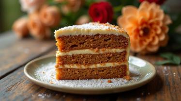 Een mooie worteltaart versierd met roomkaasglazuur.