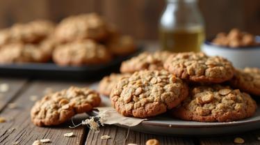 Een tafel met versgebakken havermoutkoekjes.
