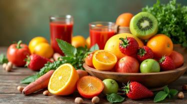 Een tafel vol met kleurrijk fruit en groenten, symbool voor vitamine C