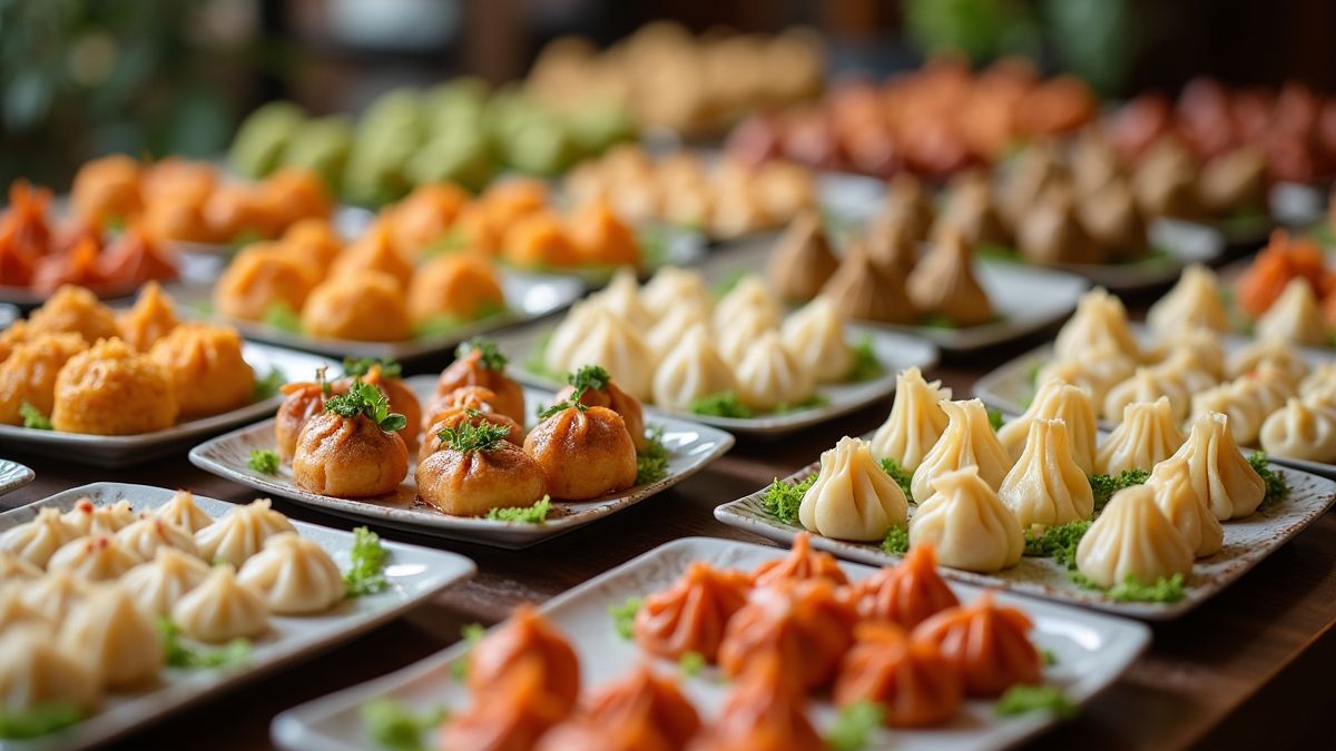 Een tafel vol verschillende smaken van dumplings, zowel hartig als zoet