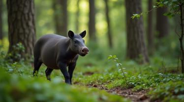 Een tapir in een weelderig bos met diverse flora op de achtergrond.