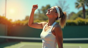 Een tennisser die een overwinning viert op een zonnige dag