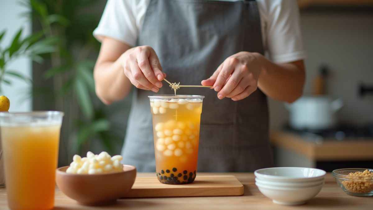 Een thuis keuken met iemand die bubble tea ingrediënten bereidt.