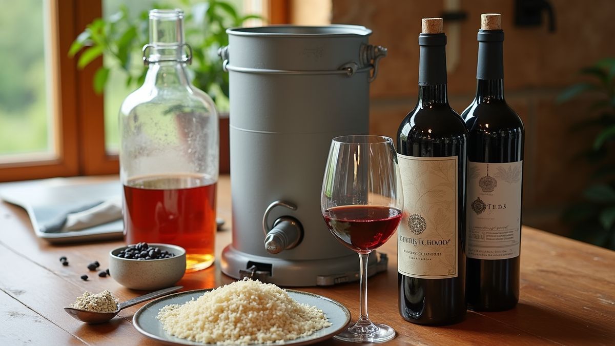 Een thuis wijnmaakset met ingrediënten en flessen op een tafel