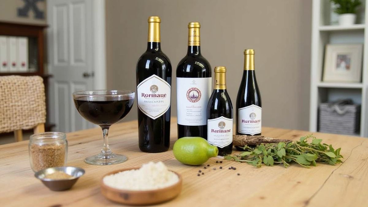 Een thuis wijnmaakset met ingrediënten en flessen op een tafel