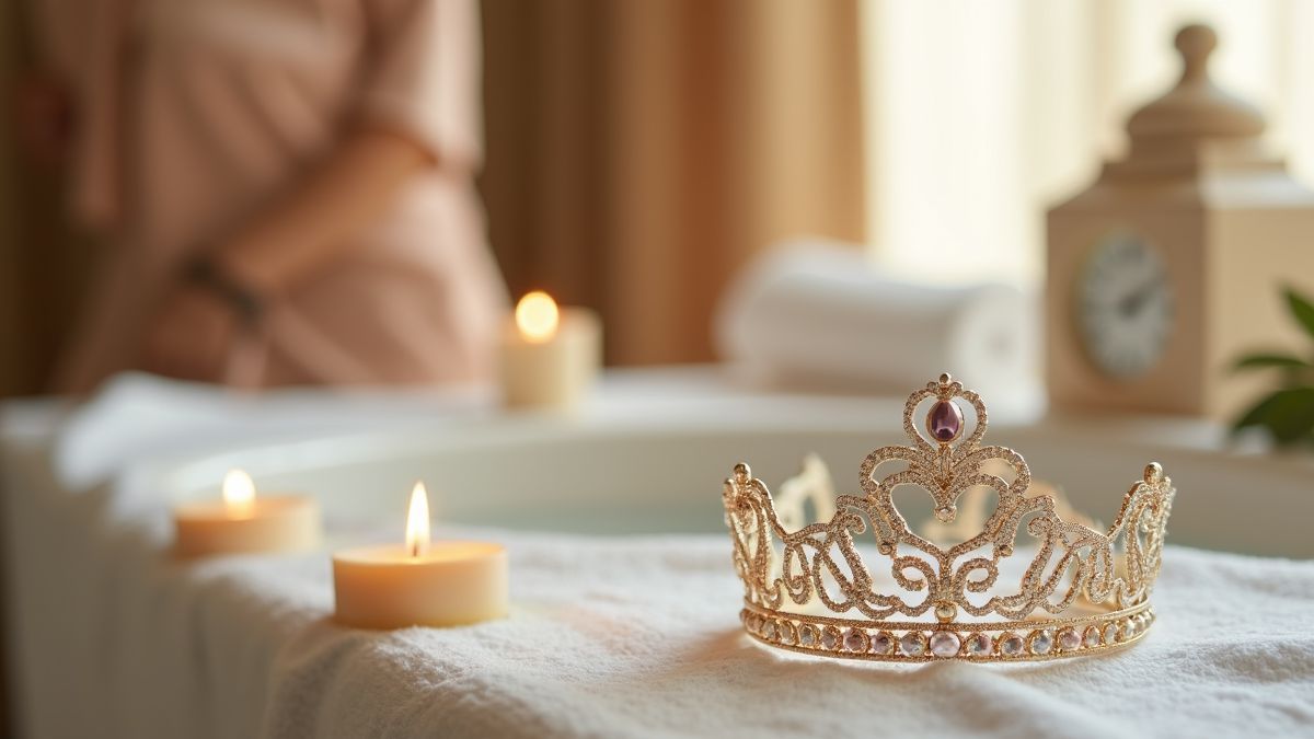 Een tiara op een make-up tafel, symbool voor zelfzorg.