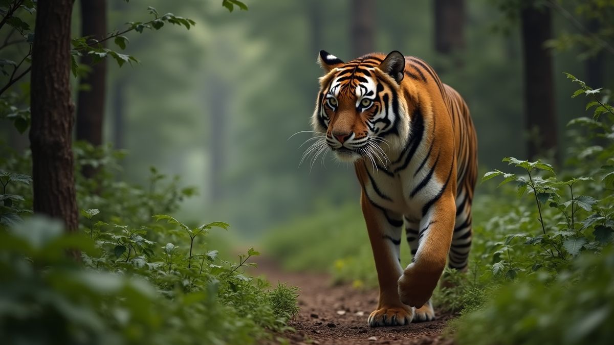 Een tijger die door de bossen gaat, waarmee het verlies van habitat wordt getoond