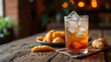 Een traditioneel arak glas met ijs en water op een rustieke houten tafel