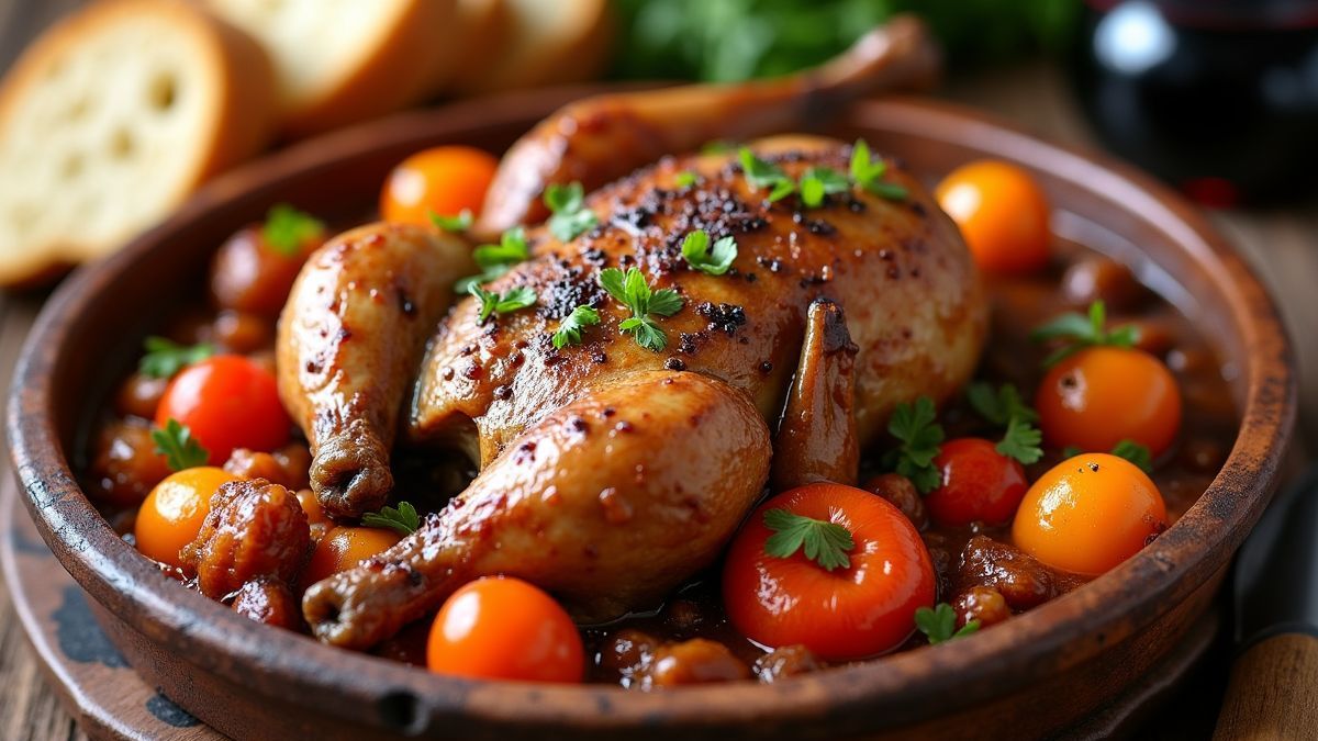 Een traditioneel bord Coq Au Vin met brood en wijn, die de kleurrijke ingrediënten benadrukt.