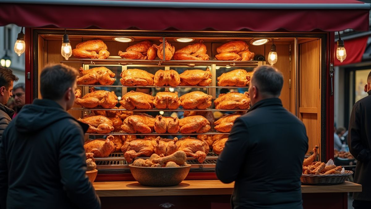 Een traditionele Belgische stand voor kip aan het spit met klanten.
