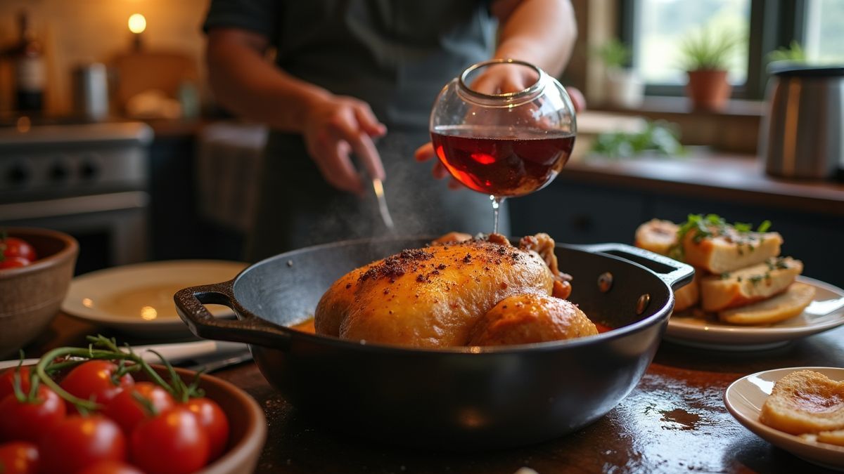 Een traditionele Franse keuken met Coq Au Vin in bereidingsproces