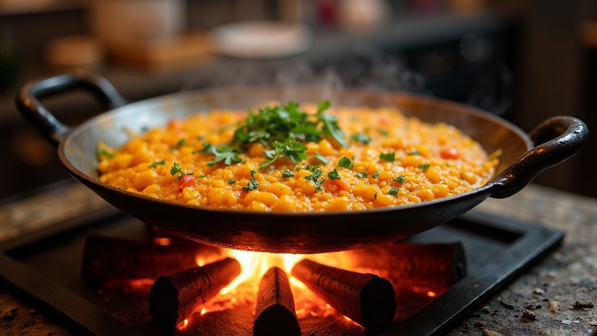 Een traditionele paella wordt boven open vuur gekookt in Valencia.