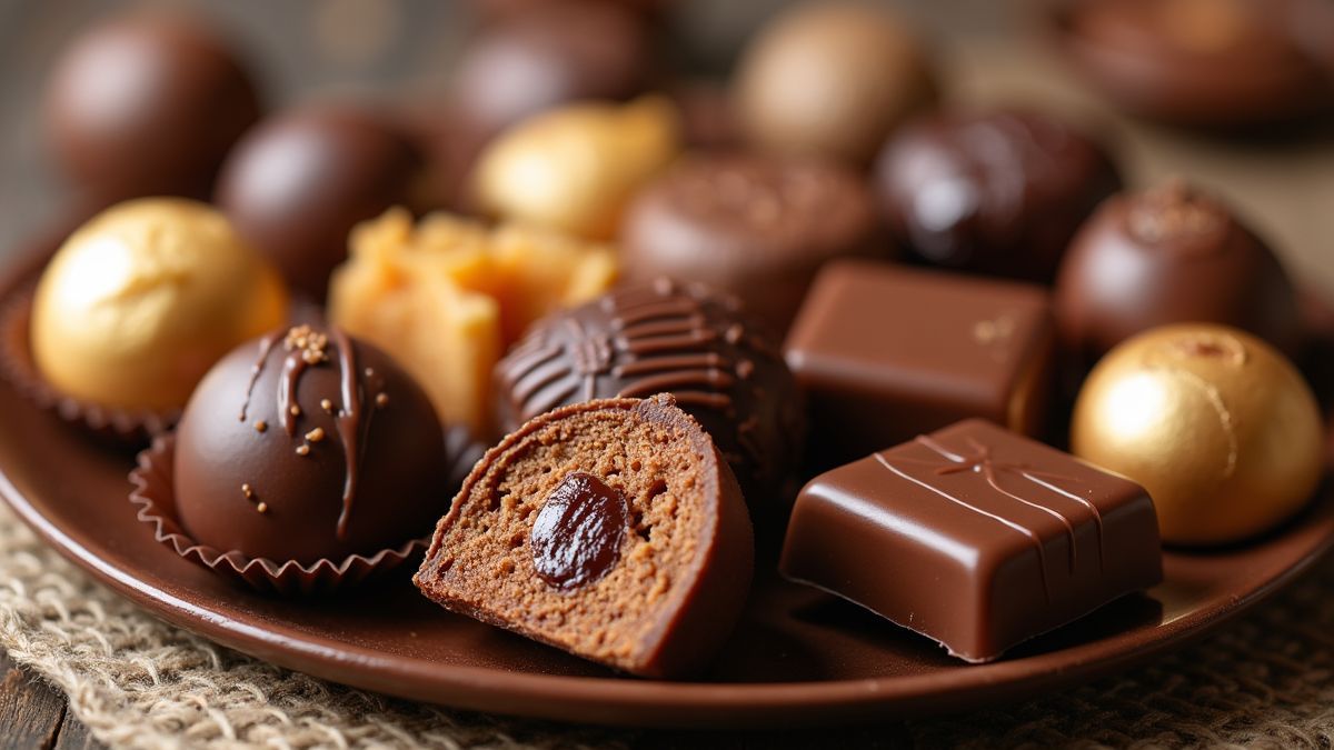 Een traditionele presentatie van verschillende pralines, elegant gerangschikt