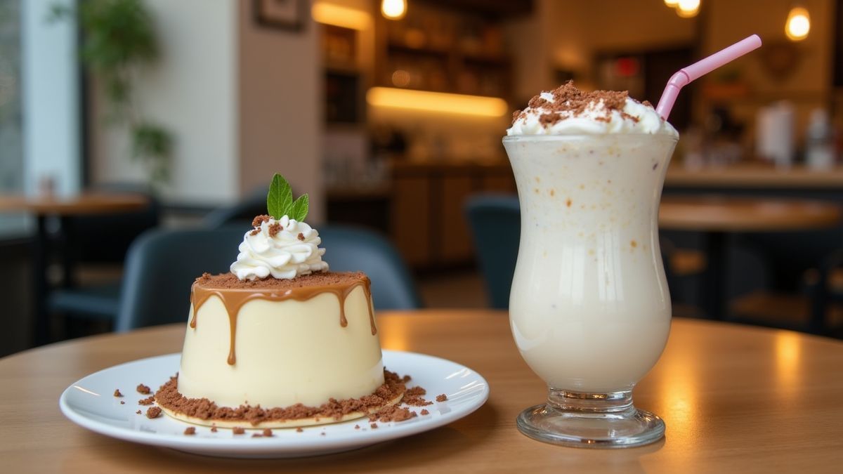 Een trendy café met melkgebaseerde desserts.