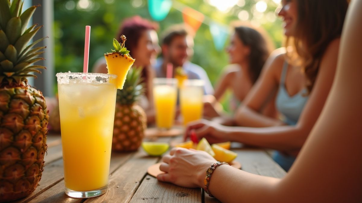 Een tropisch cocktailfeest met vrienden die genieten van piña coladas.