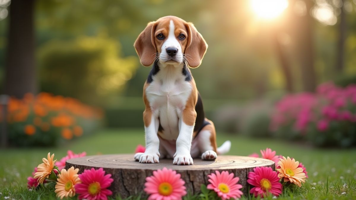 Een trotse beagle zit op een podium versierd met bloemen tijdens een vieringsdag.