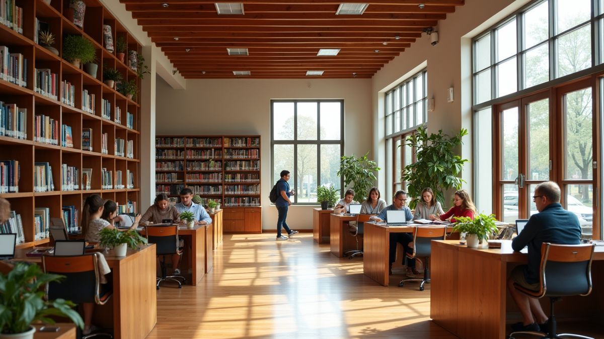 Een uitnodigende openbare bibliotheek met mensen die lezen