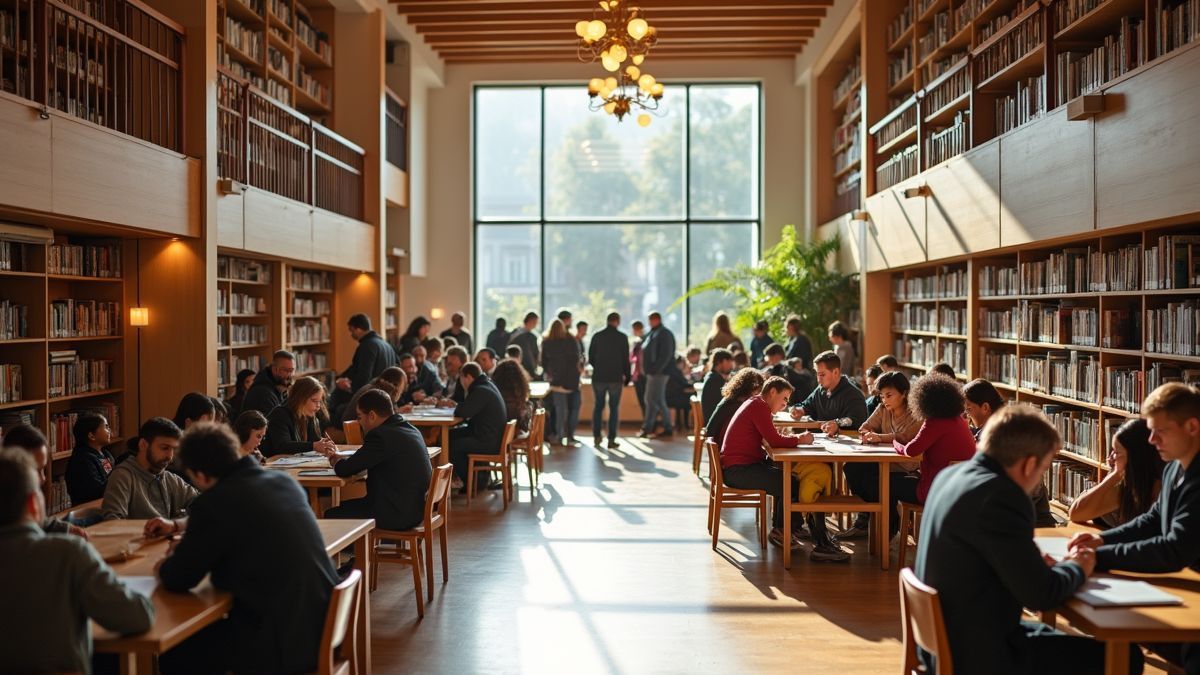 Een uitnodigende openbare bibliotheek met mensen die lezen.