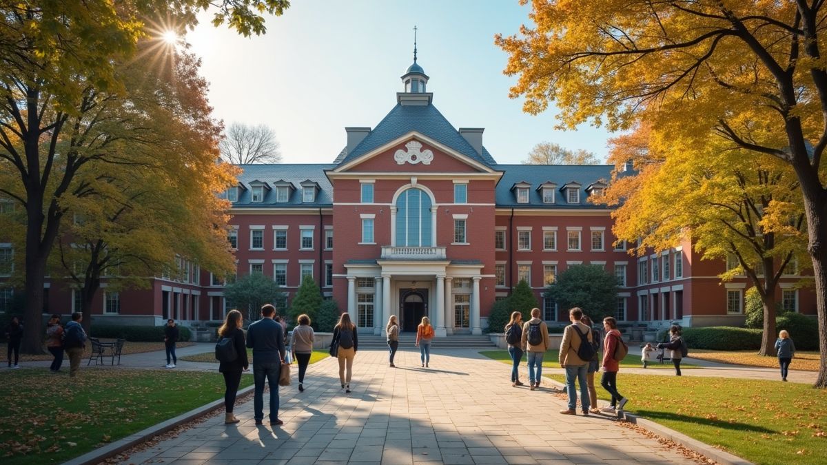 Een universiteitsgebouw waar studenten met elkaar in gesprek zijn.