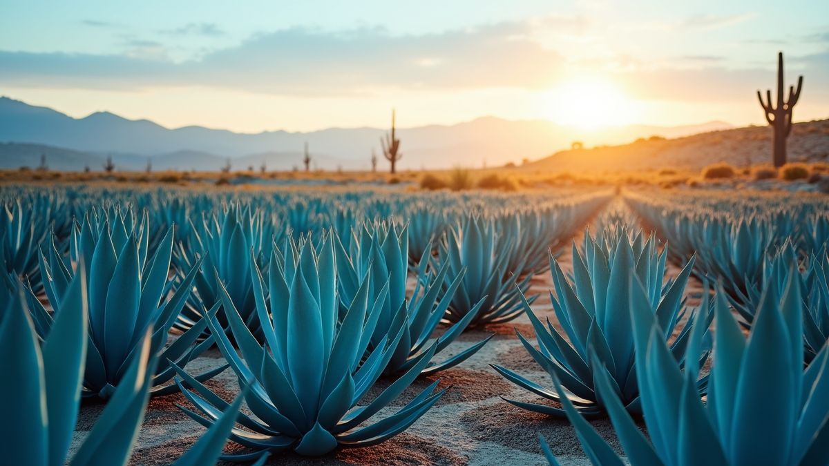 Een veld met blauwe agaveplanten onder de zon