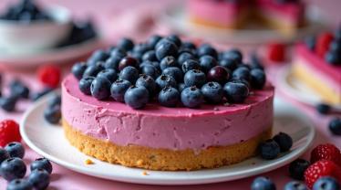 Een verleidelijke blauwe bessen cheesecake op een feestelijke tafel