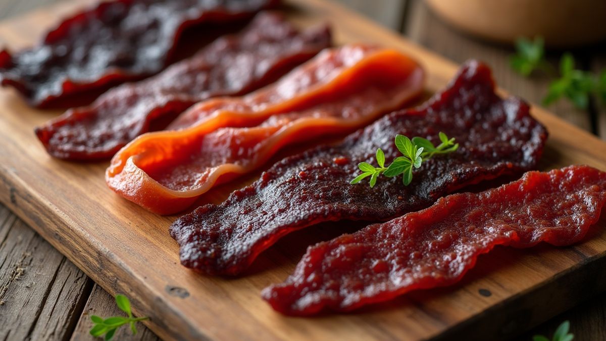 Een verscheidenheid aan artisinale jerky soorten op een rustieke houten tafel.