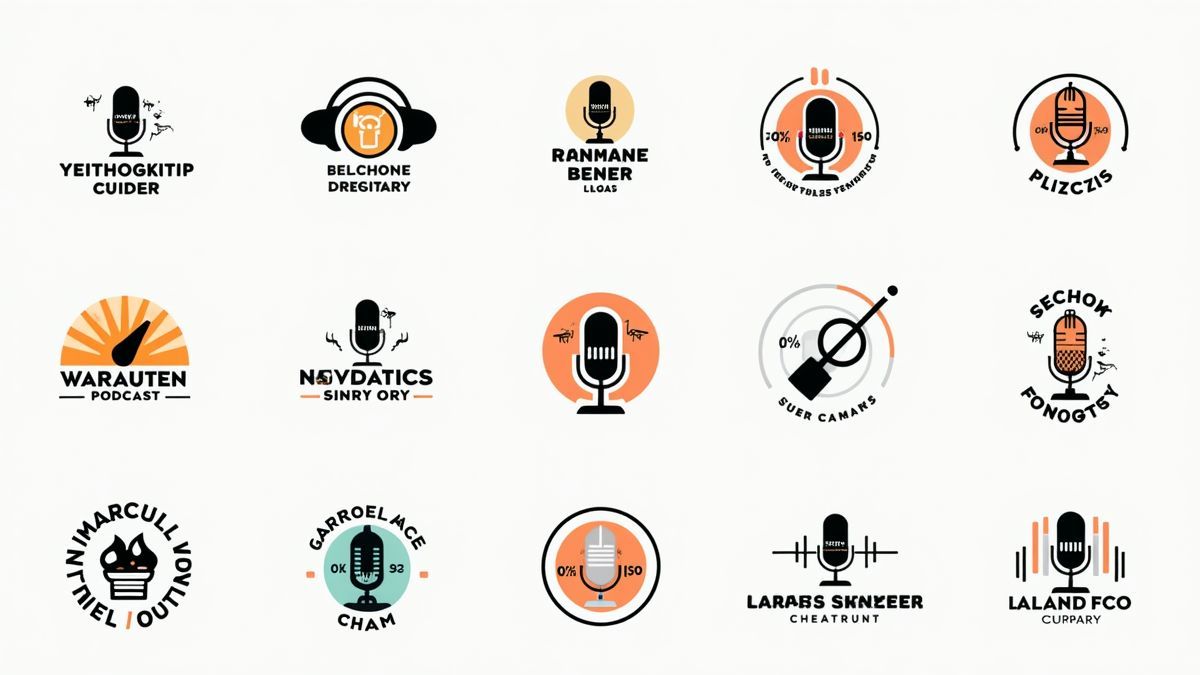 Een verscheidenheid aan podcastlogo's en elementen die verband houden met audioverhalen.