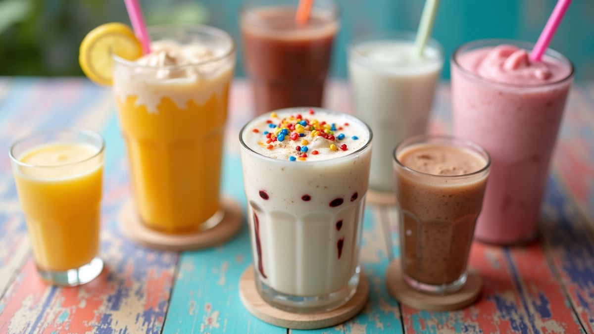 Een verzameling creatieve milkshakes op een kleurrijke tafel.