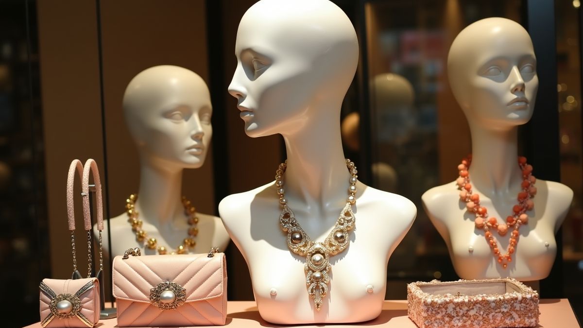 Een verzameling elegante accessoires op een mannequin.