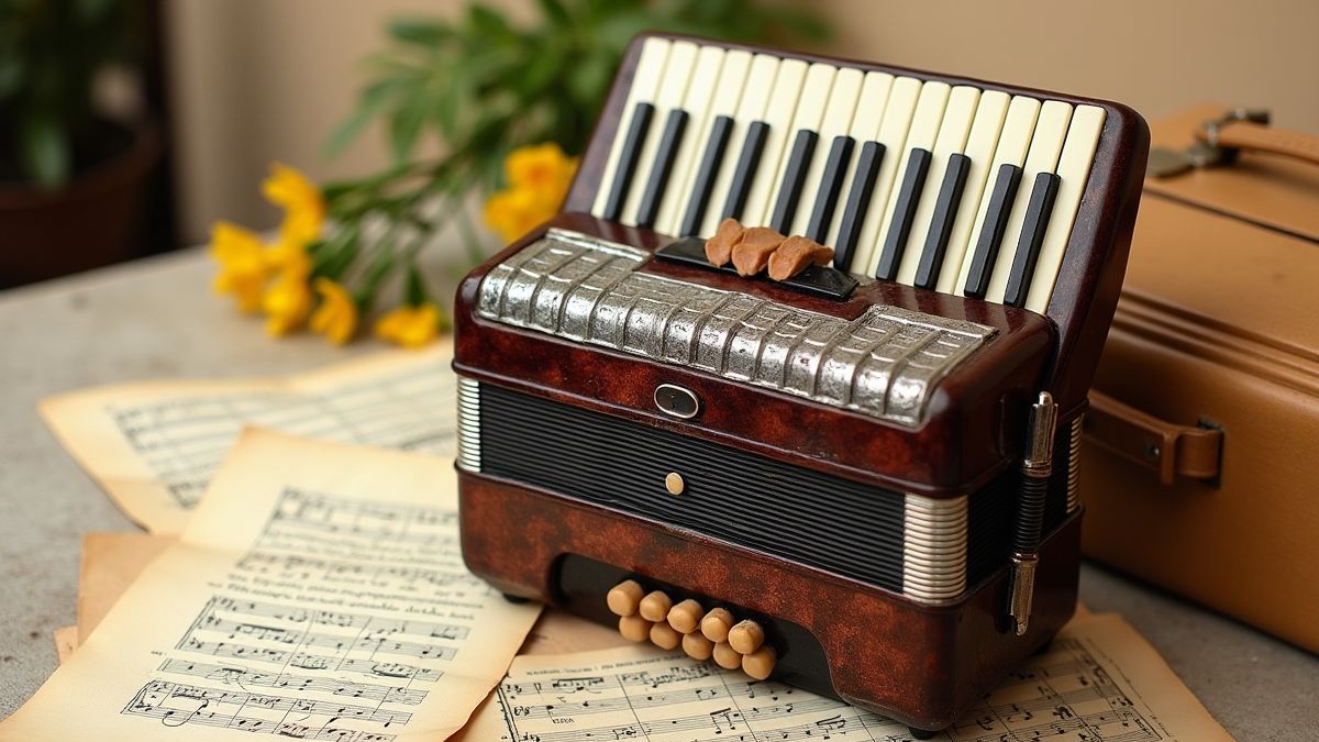 Een vintage accordeon met bladmuziek uit de jaren 50.