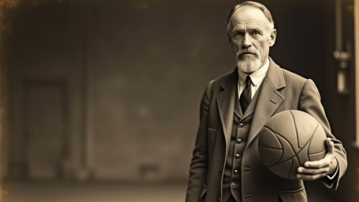 Een vintage afbeelding van Dr. James Naismith met een basketbal.