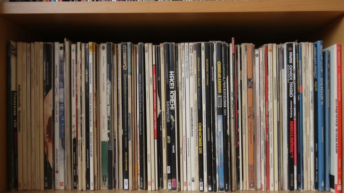 Een vintage collectie vinylplaten op een plank