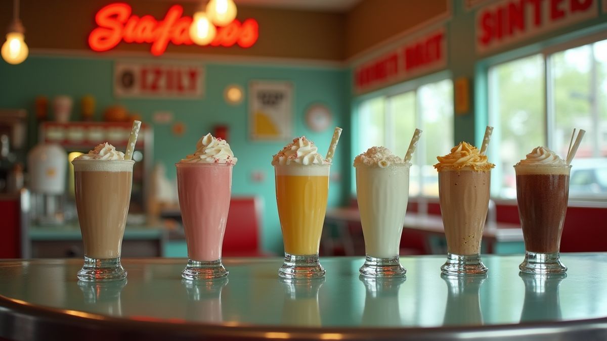 Een vintage diner met meerdere milkshakes op de balie.