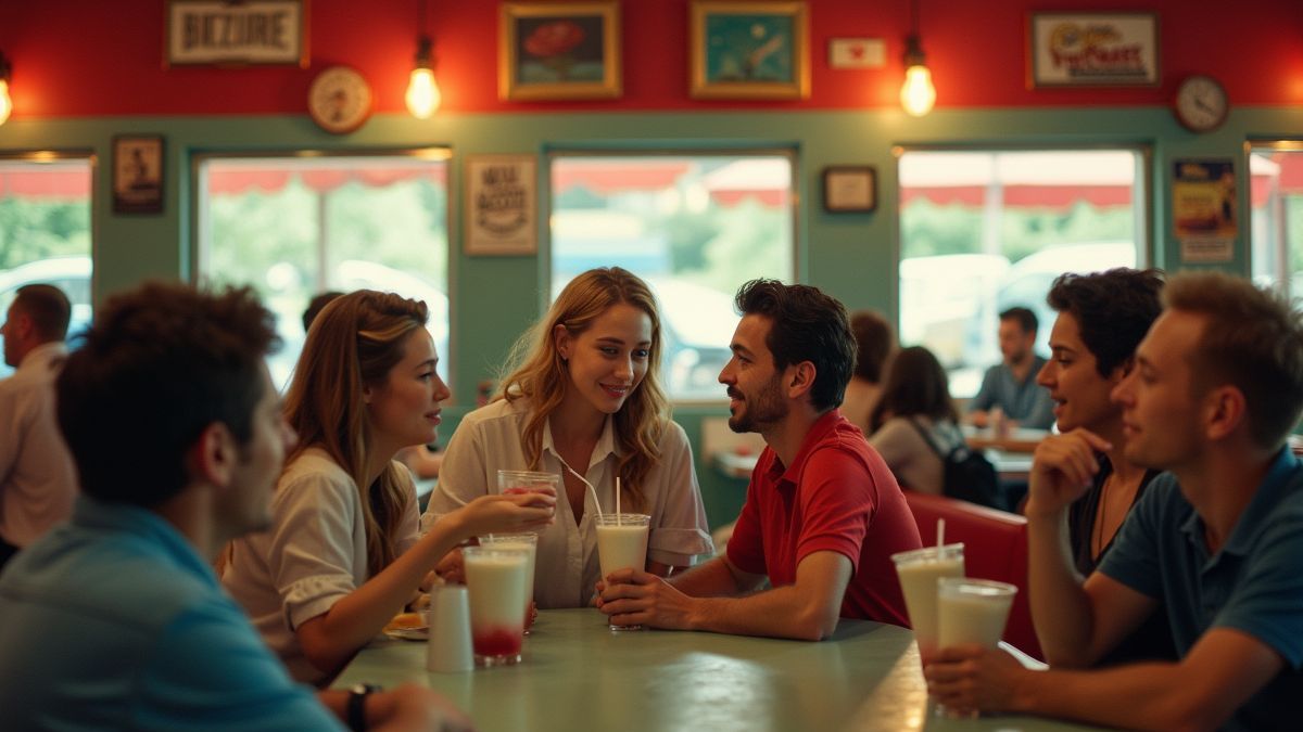 Een vintage diner vol mensen die genieten van milkshakes, met een levendige sfeer uit de jaren '50.