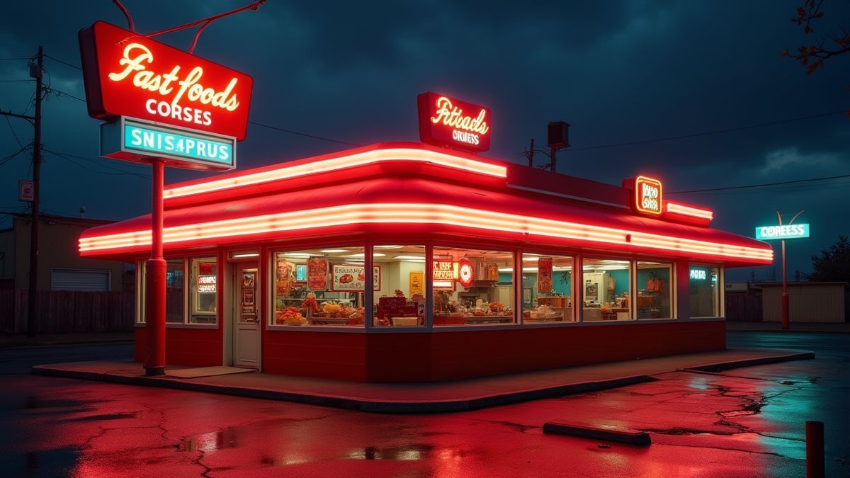 Een vintage fastfoodrestaurant met neonlichten