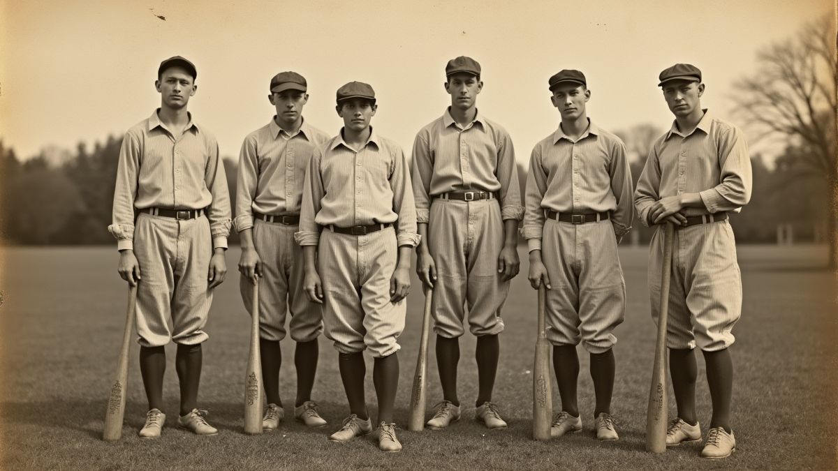 Een vintage foto van de vroege dagen van baseball met spelers op een veld.