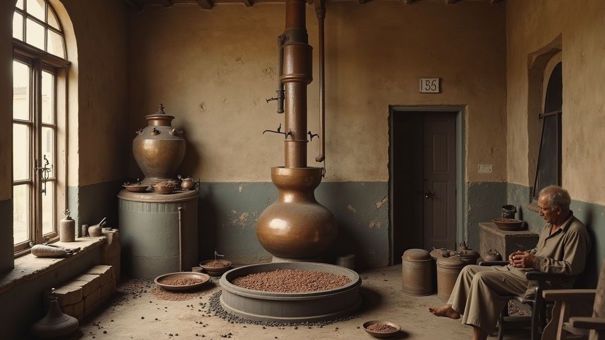 Een vintage foto van het traditionele distillatieproces van arak
