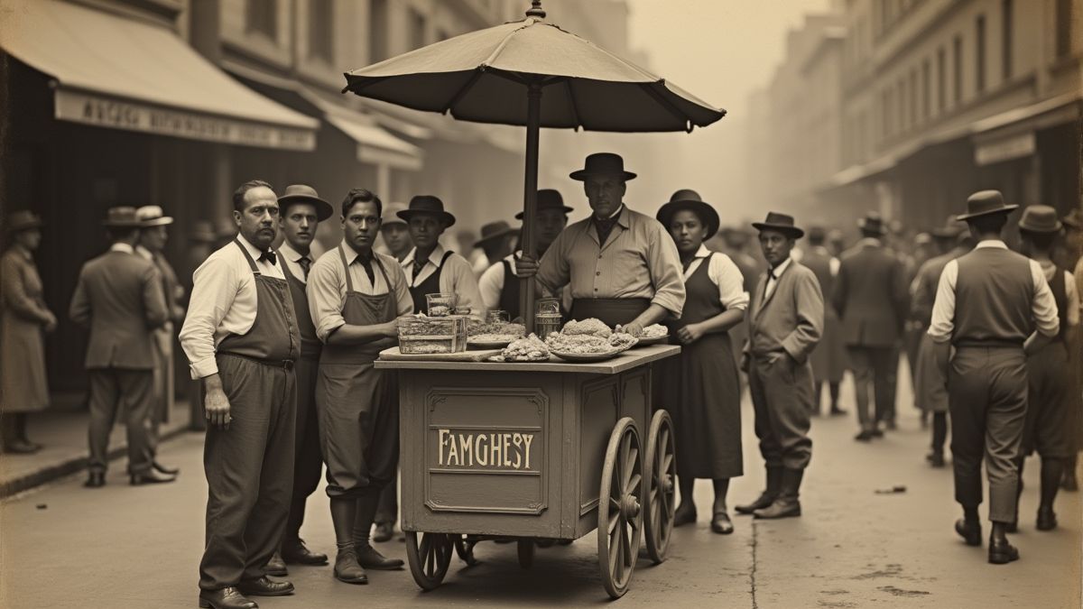 Een vintage foto van straatverkopers die in de jaren 1900 hamburgers verkopen.