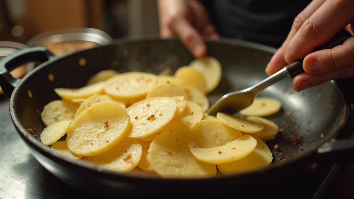 Een vintage keuken met dun gesneden aardappelen die worden voorbereid voor het frituren.