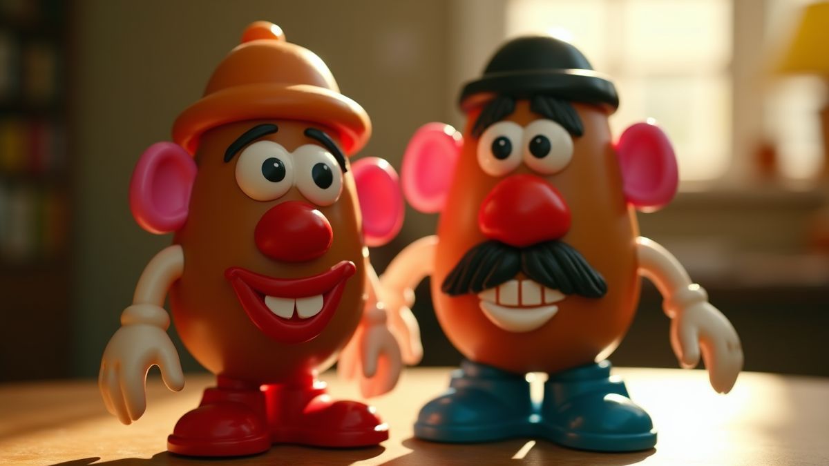 Een vintage Mr. en Mrs. Potato Head naast elkaar geplaatst.